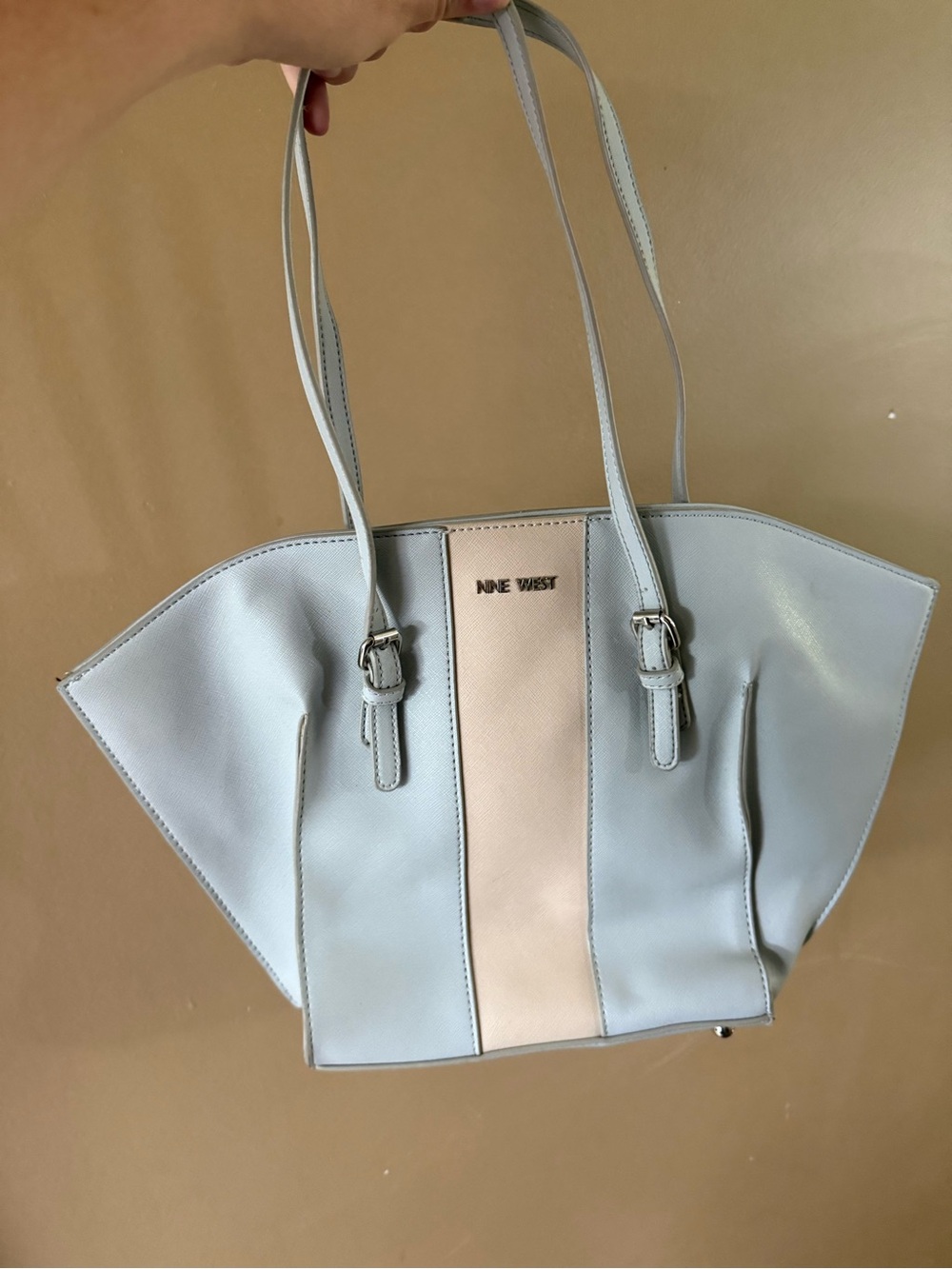 Nine West Light Blue Gray Tote with Cream Center Panel